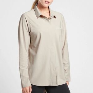 Athleta Urbanite Collared Button Down Shirt Lightweight Women Large Beige Career